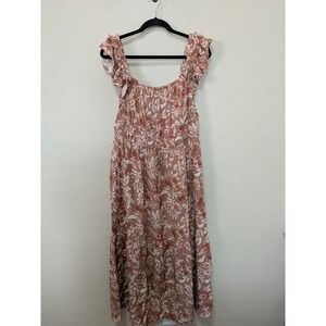 Lucky Brand Floral Smocked Maxi Dress Pink Terracotta Ruffle Sleeve Large Boho